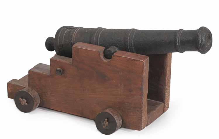 4358 4355 A large firing model of a naval cannon 20th century The black-painted 29 inch steel-lined iron tube with 1 1/2 bore. Mounted on a well-made iron and oak naval or garrison-style carriage.