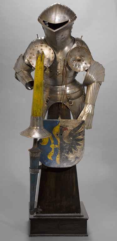 4024 4024 (reverse) 4024 A reproduction armor for the German joust, Stechzeug early 16th century style Comprising: 1) Helm of three plates riveted together, the top plates molded with narrow ribs.