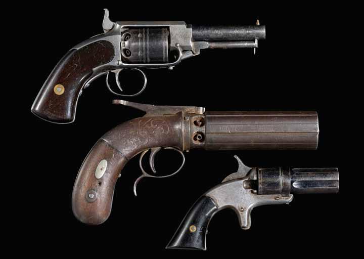 4149 4146 4150 4149 A scarce James Warner patent percussion revolver Serial no. 439,.28 caliber. Unmarked except for serial number. Blued 3 inch barrel. Blued cylinder. Rosewood grips.