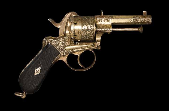 4241 4241 A deluxe Lefaucheux Patent pinfire revolver by Auguste Francotte retailed by Johann Springer of Vienna Serial no. 45305, 9mm.