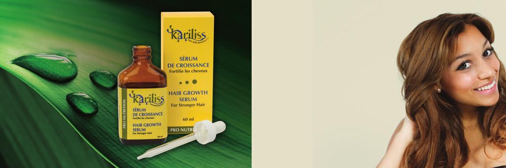 Kariliss Hair Growth Serum with KeraGro TM is a strengthening concentrate that sheaths smooth and closes cuticles scales to increase hair robustness.