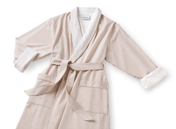 microfiber This microfiber bathrobe comes with a 85% poly and 15% satin shell with 80% cotton 20% poly soft French terry knit lining. Shawl Collar with roll up cuffs.