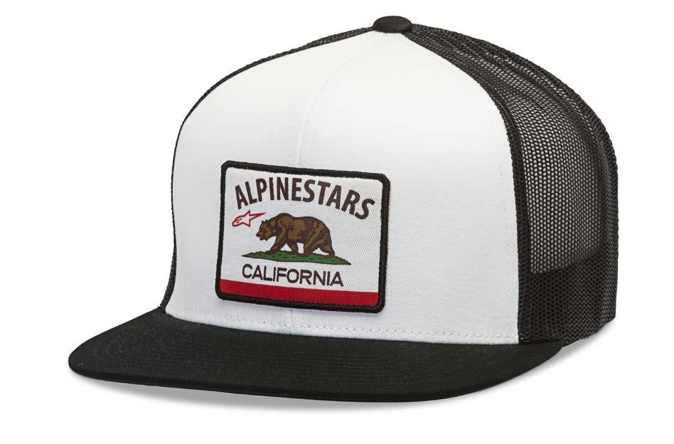CALI TRUCKER 1019-81126 O/S 60% Cotton / 40% Polyester Flat bill with structured crown Snap back Twill main fabric, mesh back Printed California flag merrow edge twill patch Internal and back