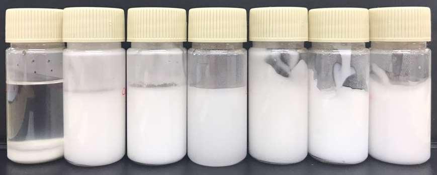 Thickener compatibility Test Method Part Product Name % A D.I. Water Thickener 90 B Powder 3 1.3 B.G 7 #1 #2 #3 #4 #5 #6 #7 Tested Thickeners: Aristoflex AVC (0.