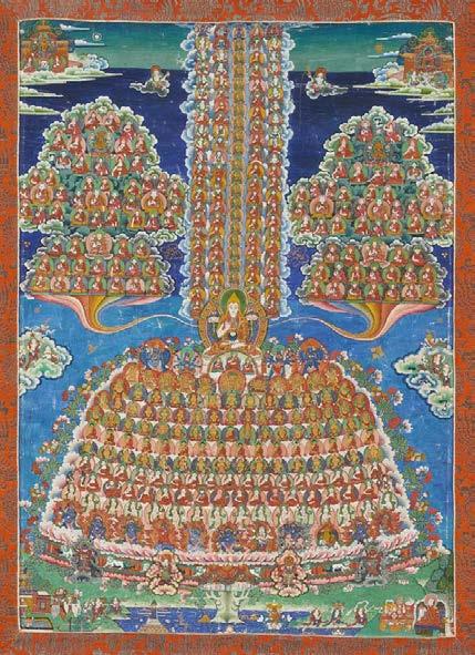 2095 IMPORTANT AND LARGE THANGKA OF THE TSOGSHIN OF THE GELUGPA SCHOOL. BEDEUTENDES, GROSSES THANGKA DES TSOGSHIN DER GELUGPA- SCHULE. Tibet. 1st third 20th c. Colors and gold on fabric.