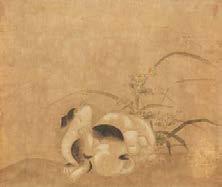 He enjoys the performance of a dancer, who is accompanied by two musicians. The scene is watched by a servant, who brings a box. Blossoming peonies, plum flowers, and bamboo suggest spring.