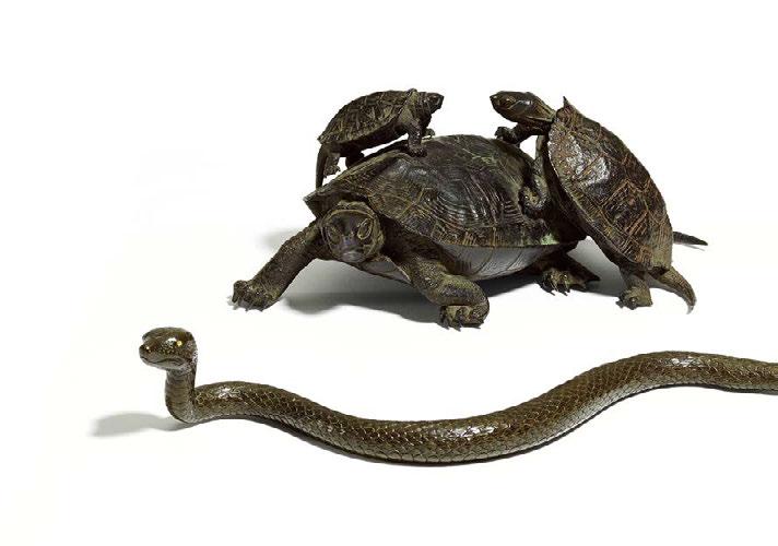 d) Turtle with young on the shell. Length 11.5cm. e) Turtle. Sign.: Suiun. Length 8.5cm. f) Turtle with snake - the dark warrior of the north. Height 6.4cm.