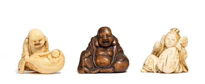 The laughing god of fortune, holding the boy on his shoulder. H. 5.7cm. Condition B. Age cracks. 300 400 $ 363 484 2259 NETSUKE: HOTEI WITH BOY AND TREASURE BAG.
