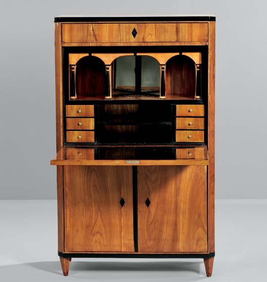 603 603 Biedermeier-style Ebonized and Inlaid Maple Fall-front Desk, rectangular top with canted corners over a conforming case fitted with a frieze drawer and fall-front lid enclosing an interior of