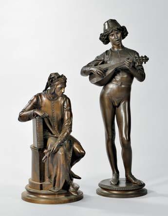 868 869 872 869 Paul Dubois (French, 1829-1905) Bronze Figure of a Man Playing a Lute, depicted in Elizabethan-style dress, on a round plinth, signed to base P. DUBOIS and F. BARBEDIENNE, ht.