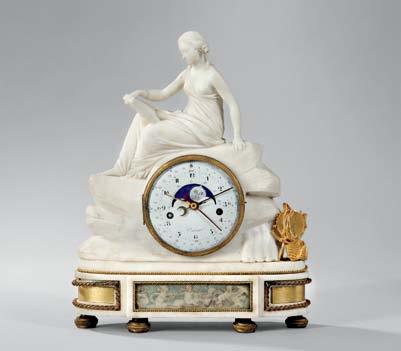 $1,200-1,800 875 French Marble and Gilt-bronze Mantel Clock, 19th century, carved figure of a woman reading atop a lunar clock face with the months inscribed around the dial, base with putti motif