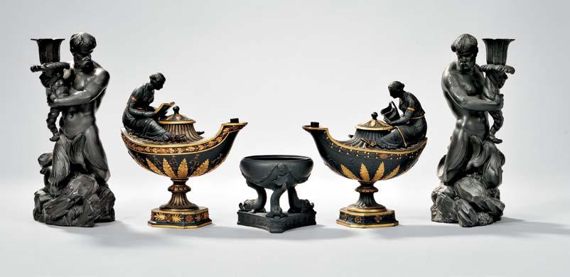 214 215 216 215 214 212 Pair of Wedgwood Gilded and Bronzed Black Basalt Engine-turned Vases and Covers, England, 19th century, domed covers with acorn finials, Bacchus mask and horn handles, a band