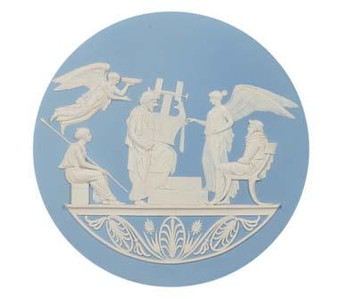 241 Wedgwood Light Blue Jasper Dip Vase and Cover, England, late 19th century, upturned loop handles, applied white classical figures in relief centering borders of acanthus leaves, impressed mark,
