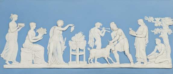 246 Wedgwood Solid Light Blue Jasper Plaque, England, 19th century, rectangular shape with applied white relief depiction of The Birth and Dipping of Achilles, impressed mark, 6 1/8 x 18 5/8 in.