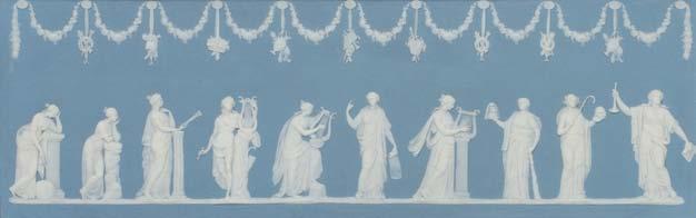 255 Light Blue Jasper Dip Five-light Chandelier with Ceiling Plate, England, late 19th century, possibly Wedgwood, with applied white classical figures in relief, the bowl-shaped base supporting four