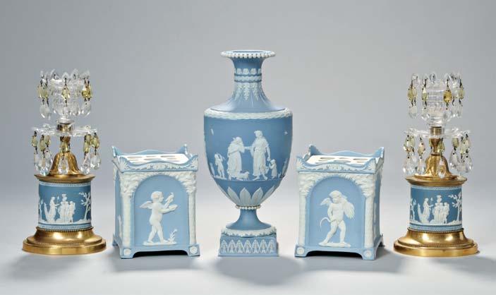 261 259 259 260 260 261 Wedgwood Solid Pale Blue Jasper Vase, England, 18th century, applied white classical figures centering various foliate borders, impressed mark, ht. 12 5/8 in.