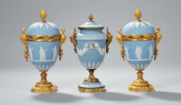 267 268 267 267 Pair of Wedgwood Blue Jasper and Gilt-bronze-mounted Vases and Covers, England, 19th century, bronze with artichoke finial, pierced foliate gallery and maiden mask handles, cup-form