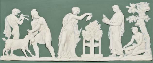322 323 319 Wedgwood Green Jasper Dip Plaque, England, 19th century, rectangular form with applied white classical putti depicted as the four seasons, impressed mark, 6 1/4 x 18 3/4 in.