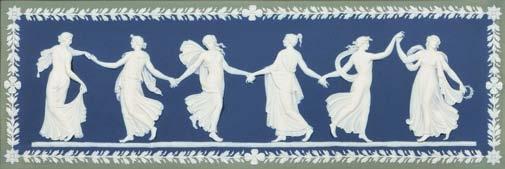$1,200-1,800 339 Wedgwood Tricolor Jasper Dip Dancing Hours Plaque, England, 19th century, rectangular shape with green border to a dark blue center, applied white classical figures centering a