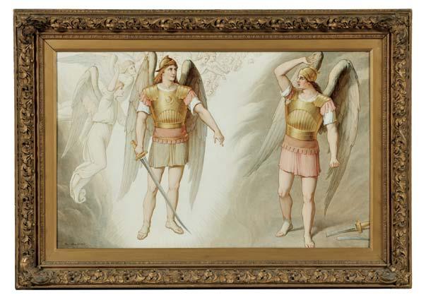 401 401 Large Thomas Allen Decorated Wall Plaque, England, 1894, attributed to Wedgwood, polychrome enamel decorated to a rectangular creamware body with depiction of a winged warrior backed by