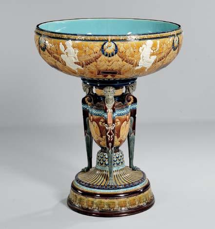 477 478 477 Sarreguemines Majolica Coupe Sandier, France, late 19th century, designed by Alexandre Sandier, allover yellow ground with polychrome enameled highlights, the large bowl molded with white