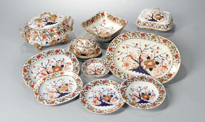 525 525 105 Pieces of Assorted English Derby Tableware, late 18th to 19th century, each polychrome decorated to a white ground, red flowers and gilt and cobalt blue highlights; forty-eight dinner