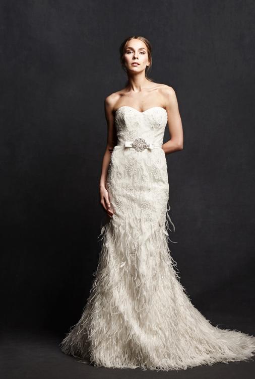 Kendra Embroidered lace column gown with ostrich