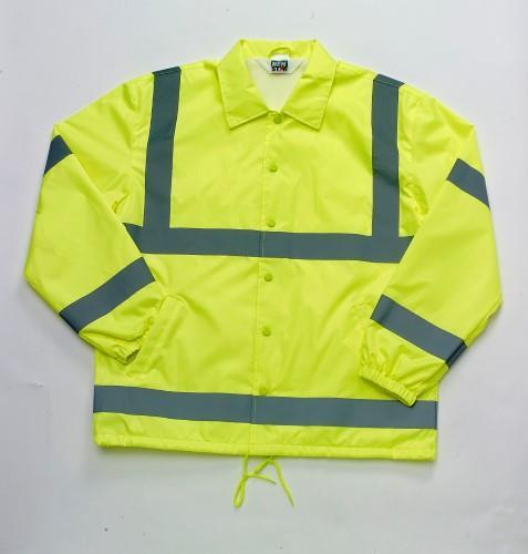 15. Hi-Vis windbreaker #581561 COLOR #: STYLE: # 581561 Fluorescent yellow Snap front jacket, fully lined, drawstring bottom, elasticized cuffs, two slash pockets, set-in sleeves, shirt style collar,