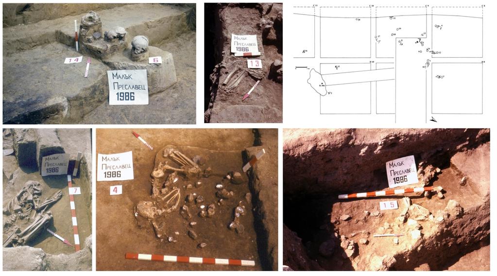 Figure S1.1: Five of the Malak Preslavets burials sampled. Clockwise from top right: Plan of the site, burials 15, 4, 7, 6/14, 13.