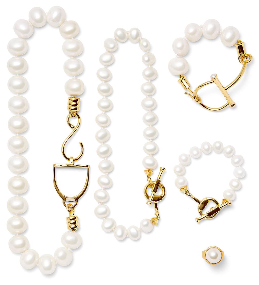 Gold and White Holiday 07 Iconic stirrup and hook hardware large white pebble pearl hand knotted necklace with S hook SHPN- G-W Snaffle bit mini white pebble pearl necklace with white mother of pearl
