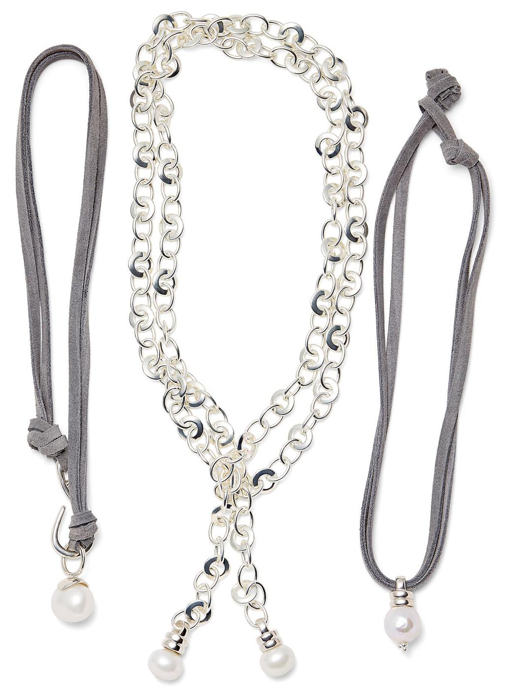 Classic Silver Holiday 07 Grey suede, hand wrought hook and large pebble pearl necklace 7 PPN-L Circle link silver plated