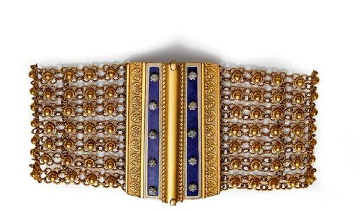 14 Lyon & Turnbull 32 HC475/20 A rare Georgian enamel and diamond set bracelet composed of seven rows of fancy floral links, the clasp with cast anthemion design, enamel and small round cut diamond