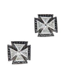 5cm 700-1,000 105 HE188/7 A pair of contemporary diamond set cluster earrings each claw set with a single round brilliant cut diamond, in a radiating surround set with small round cut black and