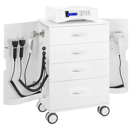 KPSULE is a tower that allows the storage of 2 devices from the MultiEquipment series and it is also equipped with a steamer, a magnifying lamp and a complete trolley to store beauty devices and