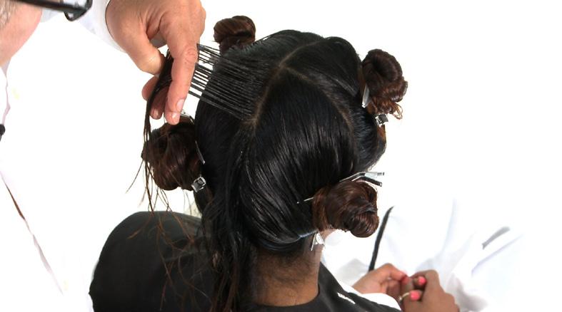 Step 9 Work in small sections, elevate the hair to 90 degrees,