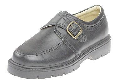 The shoe must have a dress-style / normal school-style upper, without sportstyle features. The shoe must have a heel which extends for the width of the shoe.