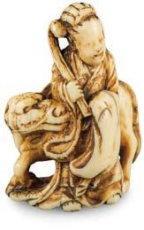 193 was a jovial, suitably roly-poly Hotei leaning against his bulging sac, in well-patinated stag antler; a big silver ring served as a himotoshi, indicating that the netsuke may have been attached