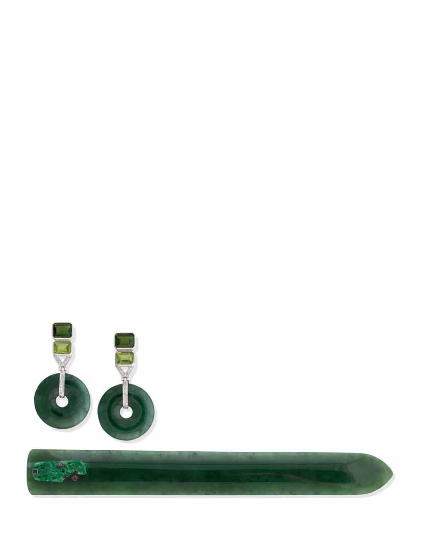 149 A PAIR OF JADEITE, TOURMALINE AND PERIDOT PENDANT EARRINGS Each suspending a polished jadeite circle from a surmount set with a step-cut tourmaline and a similarly cut peridot, the surmount