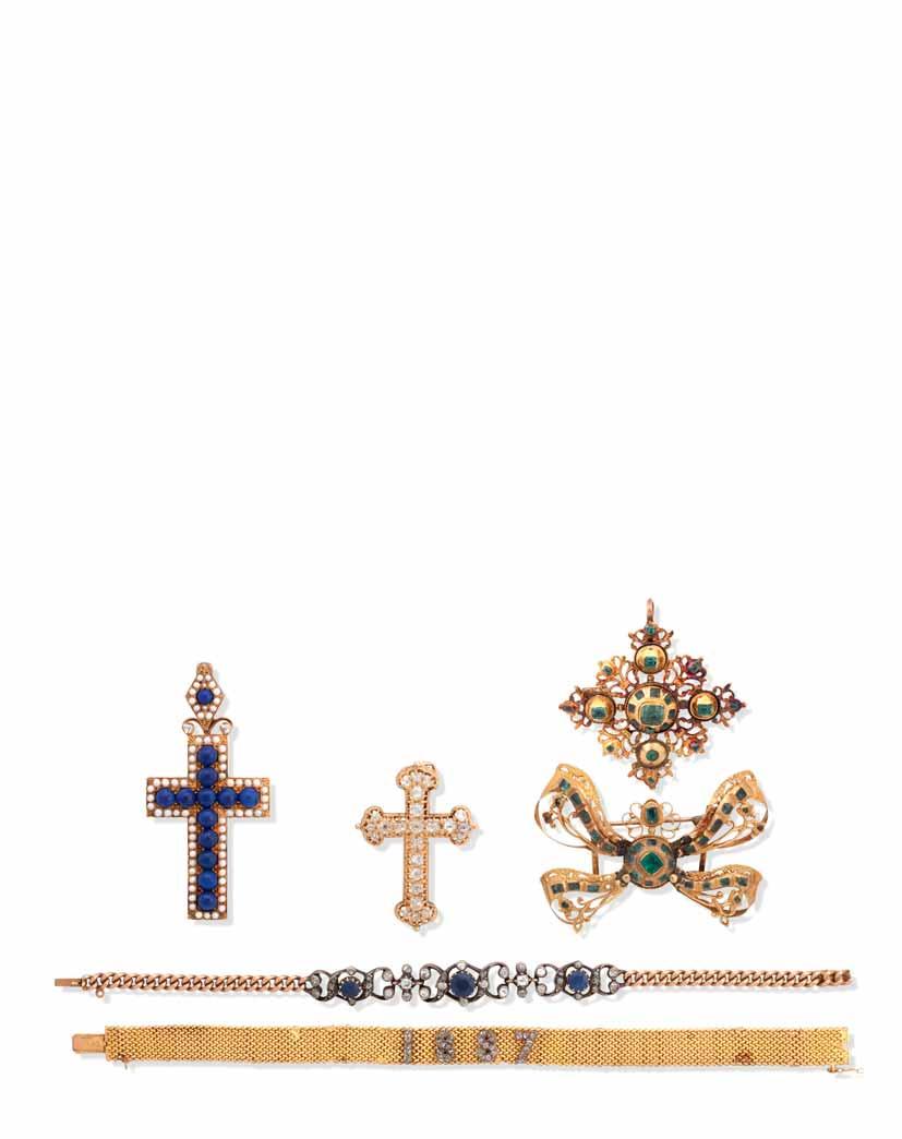 29 A LAPIS LAZULI AND SEED PEARL PENDANT, VICTORIAN The Latin cross set with lapis lazuli cabochons, seed pearls and two rose-cut diamonds, length approximately 60mm, width approximately 30mm, pearls