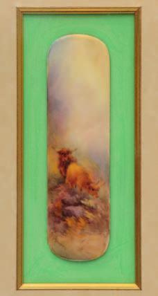 443 441 444 441 A Royal Worcester porcelain plaque by Harry Stinton of oval form painted with a pair of Highland cattle in an upland landscape, 14.