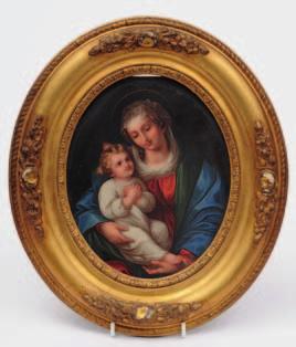 457 460 457 A Continental porcelain oval plaque painted in enamel colours with The Madonna and Child after Raphael, late 19th century, 20.5 x 16.5cm in gilt-gesso frame.