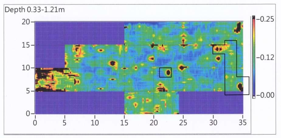 Figure 7: GPR results for general depth range covering 0.33 to 1.21m below surface.