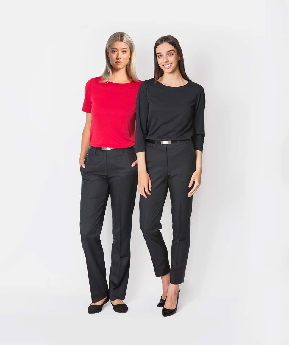 This page: Left: 6243-Ruby Short sleeve boat neck blouse. 2108S-French Navy Relaxed leg pant.