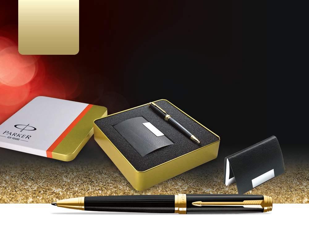 AMBIENT Unique gold finish metal gift box with a matte & glossy finish lid commemorating 125 years of the parker heritage of excellence & fine craftsmanship in premium writing instruments.