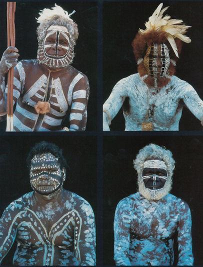 Tiwi men in full body design for the funeral of an important man. Ancient peoples were painting their faces and bodies far before the first tattoos or piercings were innovated.