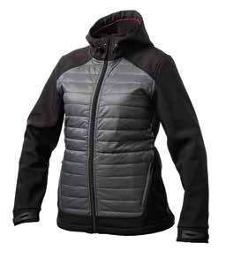 Front side is made from quilted nylon with thin lining. The hood and the hem width are adjustable with an elastic drawstring. Contrasting colour trim on the hood lining.