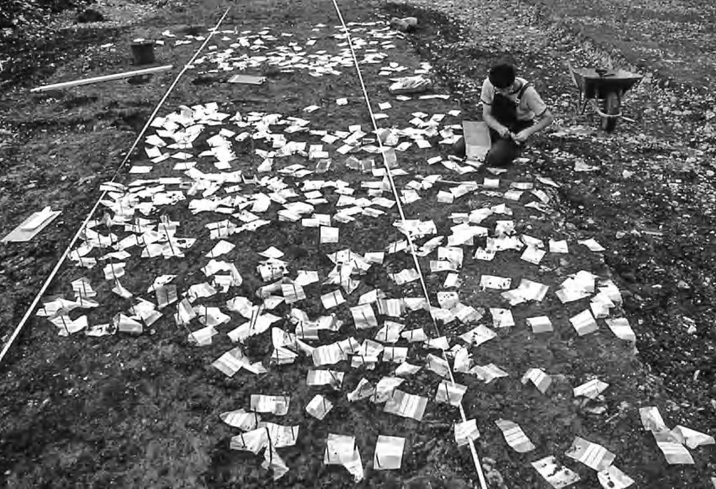 14 alan saville Fig. 6. Jon Hoyle registering some of the numerous finds from a section of the buried soil preserved beneath the cairn, on 6 August 1982 (Photo: Alan Saville).