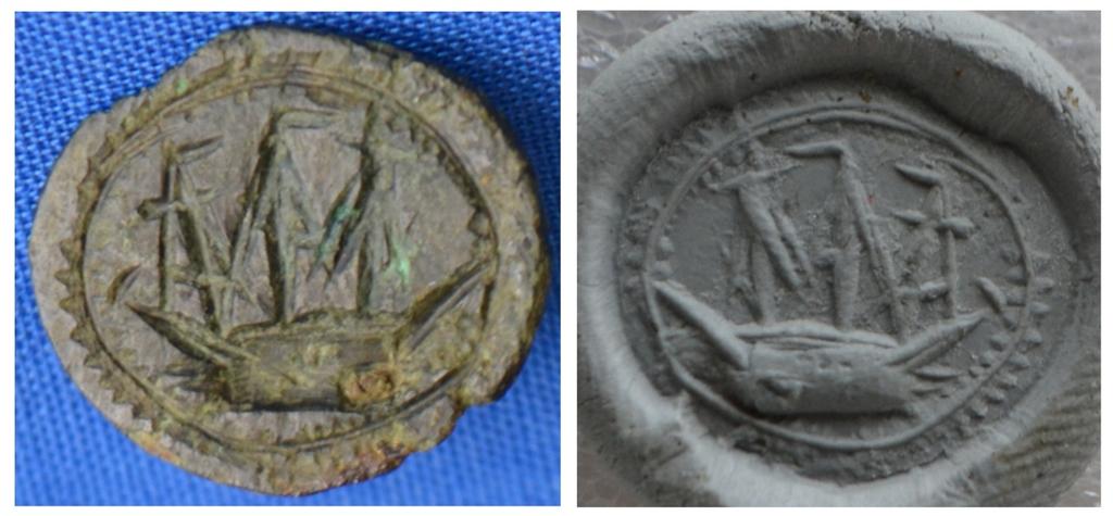Figure 9a (left): Brass seal matrix engraved with a three-masted ship; 9b (right): positive impression of seal matrix showing details.