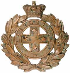 Victoria, Army Medical Department hat badge in gilt (57mm) (not in Grebert), voided design with small break in band at right bottom edge of crown. 2.