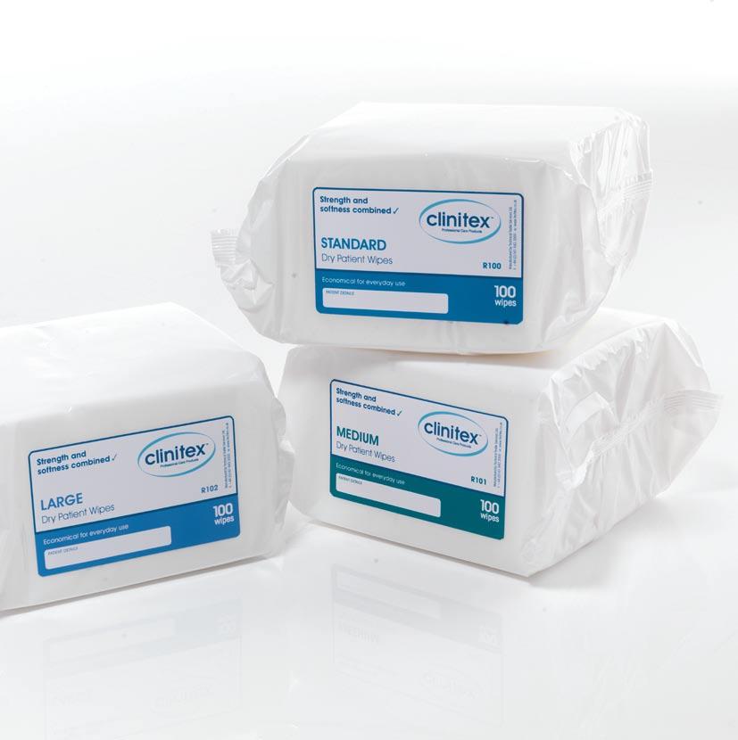 DRY PATIENT WIPES Clinitex Dry Patient Wipes are a comprehensive range of products to suit all applications and budgets. Each product is packed and supplied in easy use, disposable dispensers.
